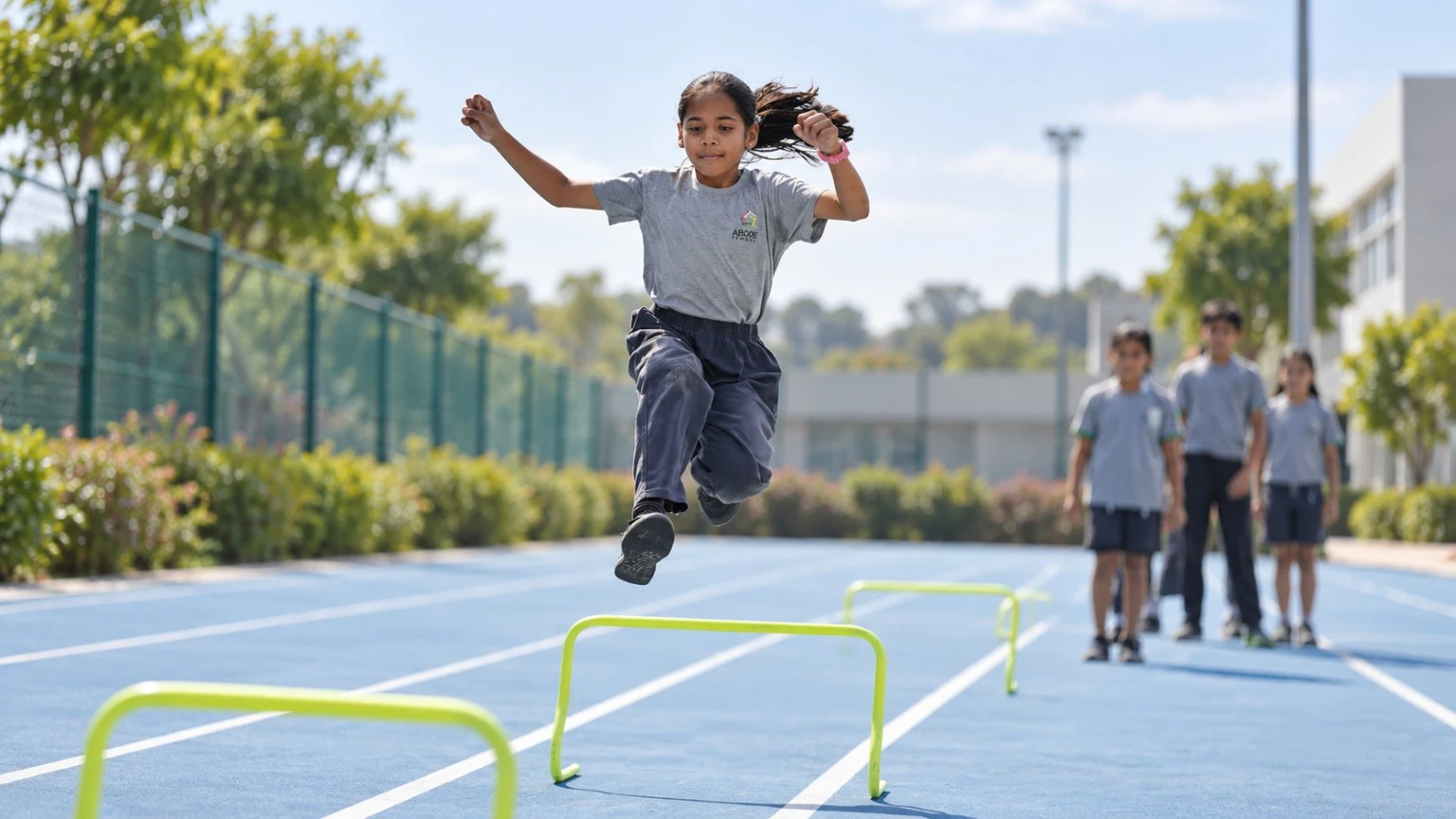 ABODE student jumping over hurdles on the sports court