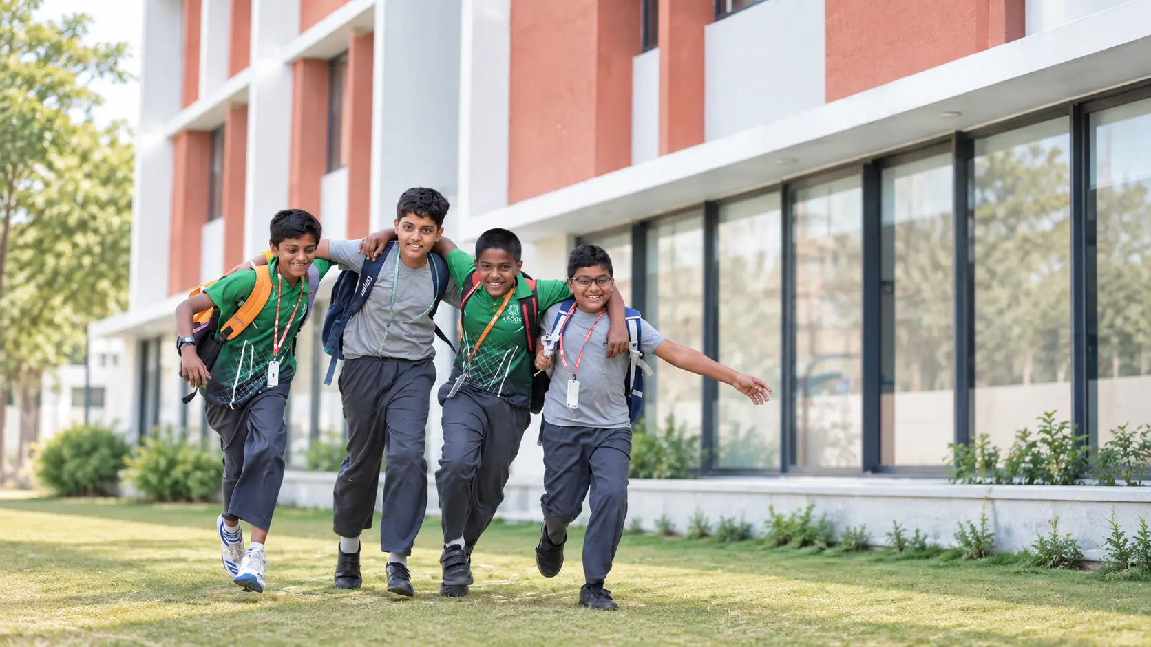 Four ABODE friends walking together outside the school